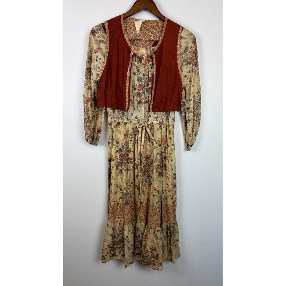 Vintage Floral Prairie Dress Set Medium Cream Rust Cottagecore 70s Boho 2pc Vest